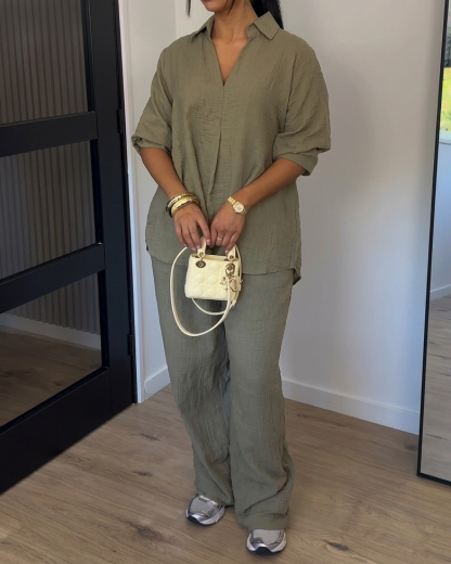 Casual Solid-Color Two-Piece Set with Lapel and Short Sleeves