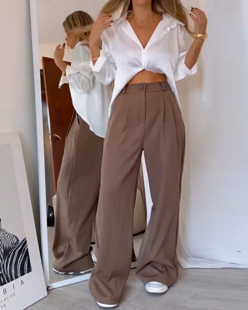 Lapel Casual Solid Color Two-Piece Set