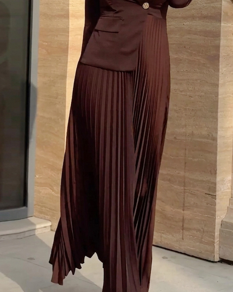 Lapel Pleated Solid Color Dress