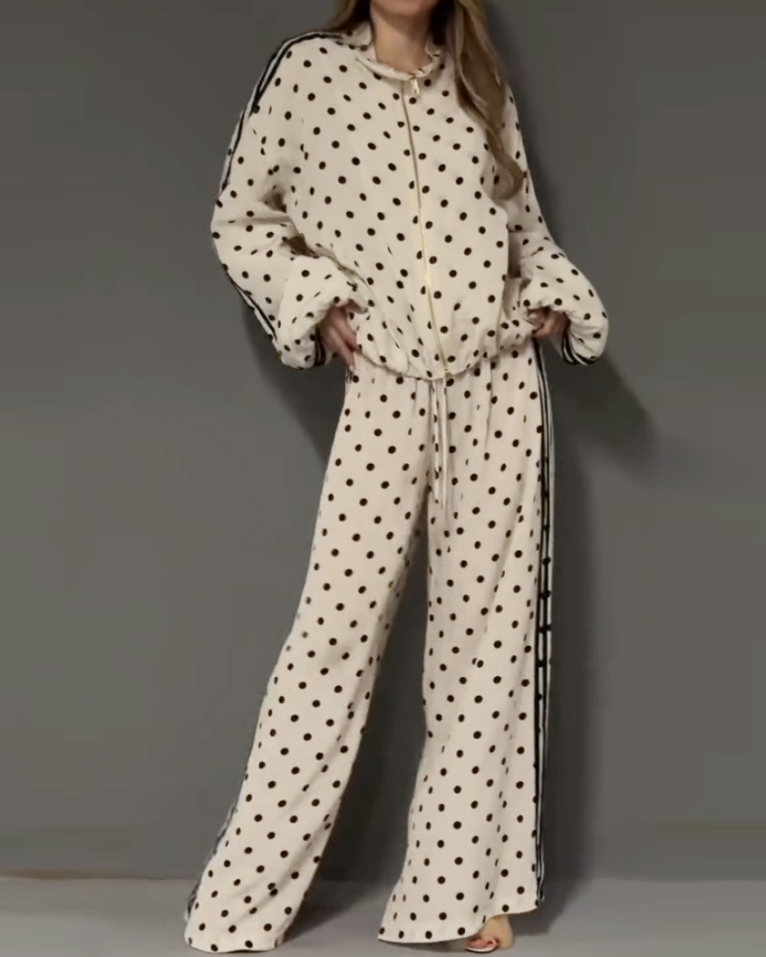 Polka Dot Print Lapel Casual Two-Piece Set