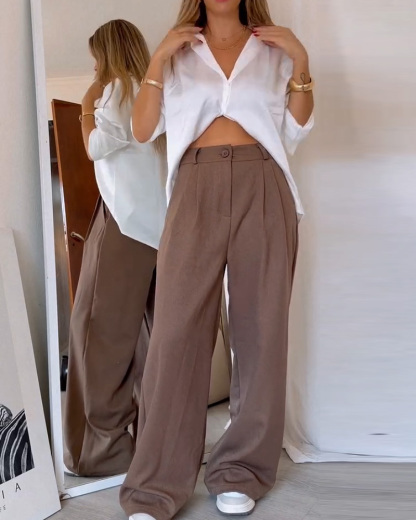 Lapel Casual Solid Color Two-Piece Set