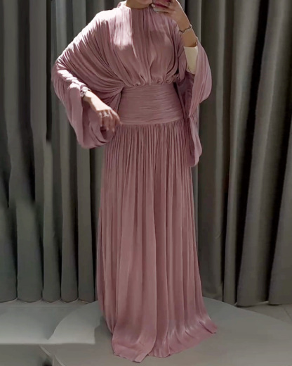 Round Neck Pleated Solid Color Dress