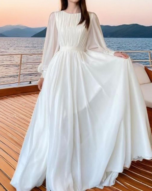 Lantern Sleeve Pearlescent Yarn Round Neck Long Sleeve Dress