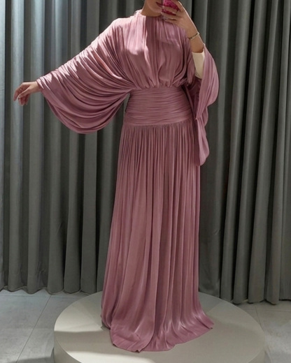 Round Neck Pleated Solid Color Dress