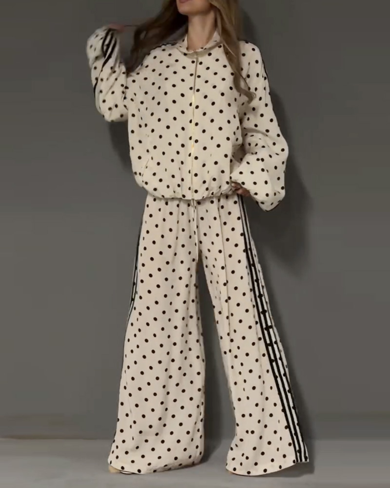 Polka Dot Print Lapel Casual Two-Piece Set