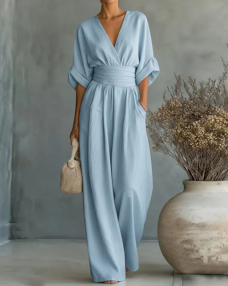 Solid-Color V-Neck Waist-Cinching Jumpsuit