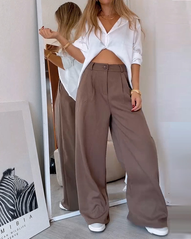 Lapel Casual Solid Color Two-Piece Set