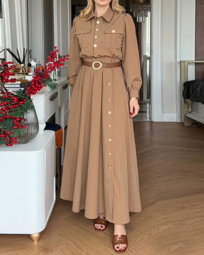 Collared Long-Sleeved Solid Color Two-Piece Set