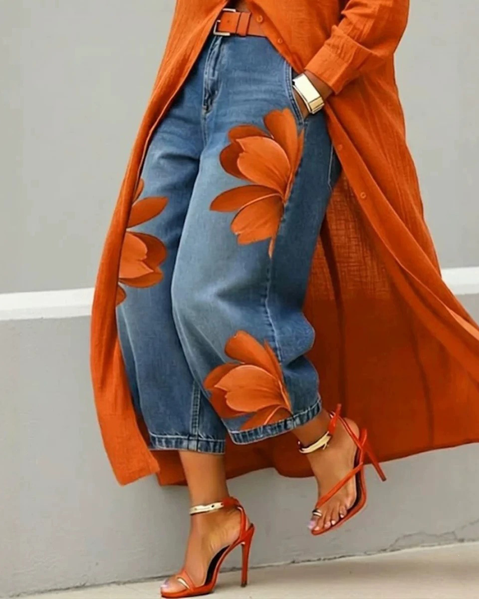 Loose-Fit Printed Denim Trousers