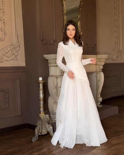 Slimming White Two-Piece Set with Lace Long Sleeves and Cutout Paneling