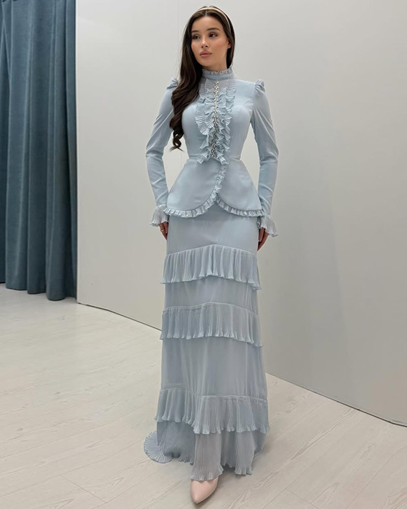 Slimming Two-Piece Set: Long-Sleeve Top with Ruffle Accents and Cinched Waist