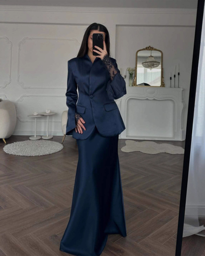Elegant Two-Piece Set: Slim-Fit Solid-Color Blazer and Satin Maxi Skirt