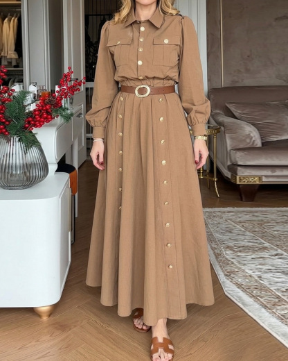 Collared Long-Sleeved Solid Color Two-Piece Set