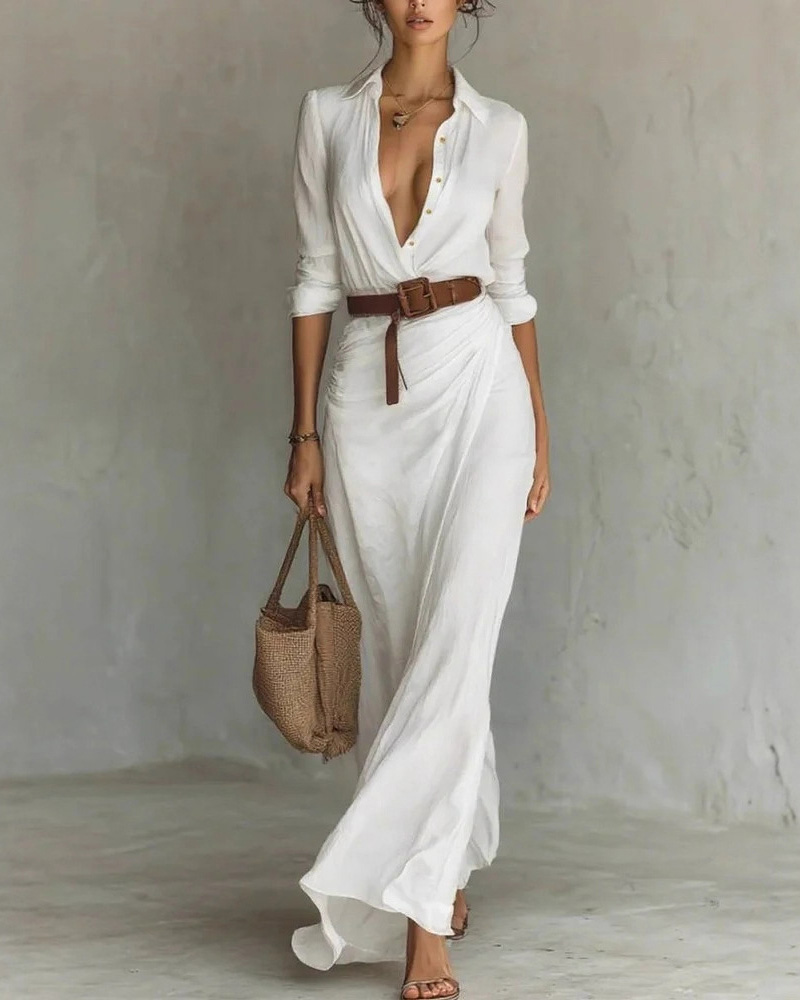 Elegant, Sexy, Solid Color, Irregular Pleats, Belted Dress