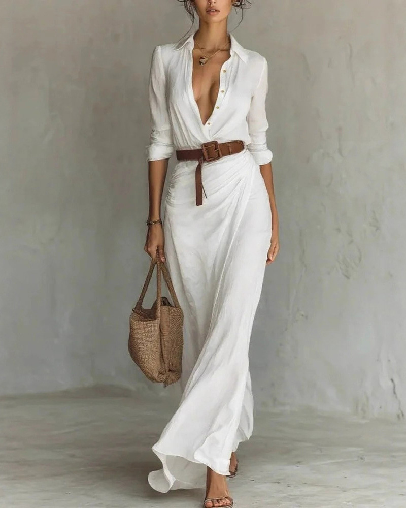 Elegant, Sexy, Solid Color, Irregular Pleats, Belted Dress