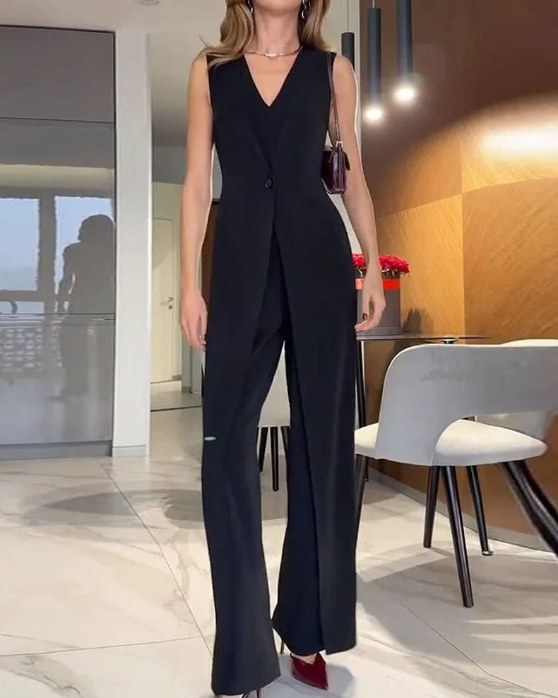 Sleeveless loose-fitting tie-up solid color jumpsuit