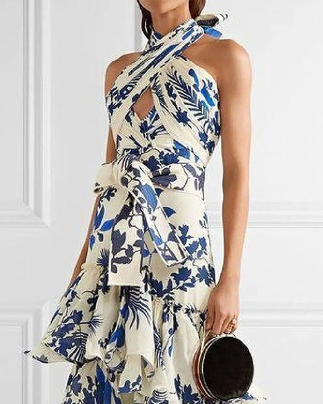 Lace-up Full Skirt Floral Dress