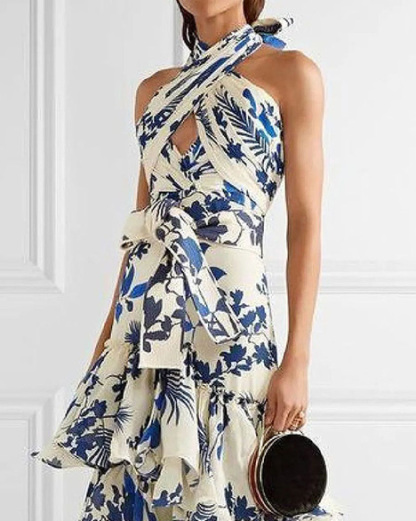 Lace-up Full Skirt Floral Dress