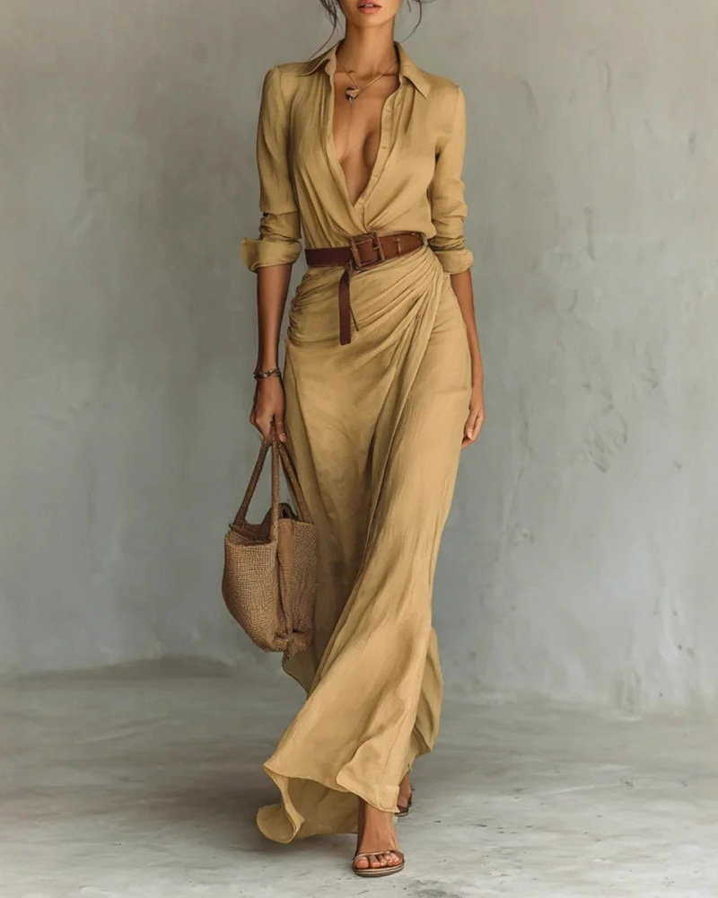 Elegant, Sexy, Solid Color, Irregular Pleats, Belted Dress