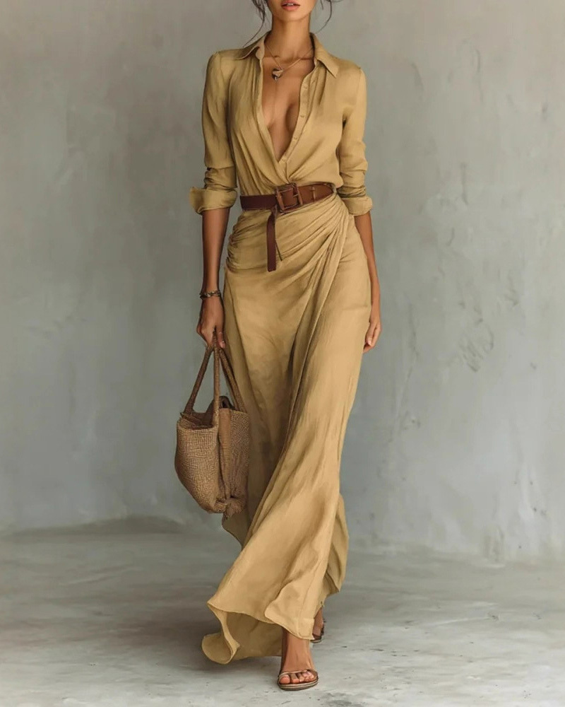 Elegant, Sexy, Solid Color, Irregular Pleats, Belted Dress