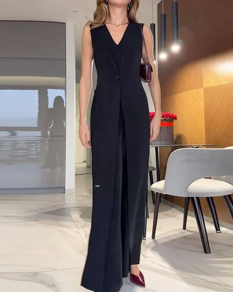 Sleeveless loose-fitting tie-up solid color jumpsuit