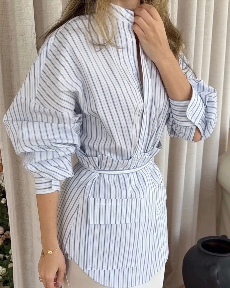 Striped Collared Shirt With Detachable Ruffled Tie