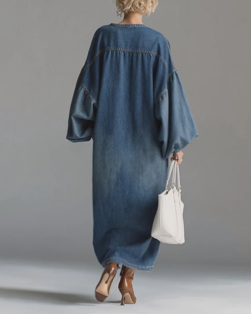 Stand-Up Collar Midi Denim Dress