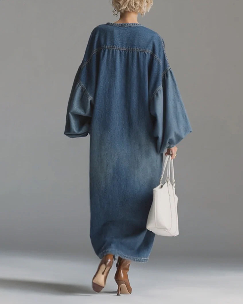 Stand-Up Collar Midi Denim Dress