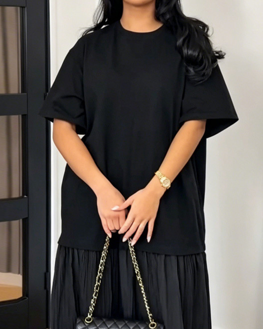 Round Neck Casual Solid Color Patchwork Dress