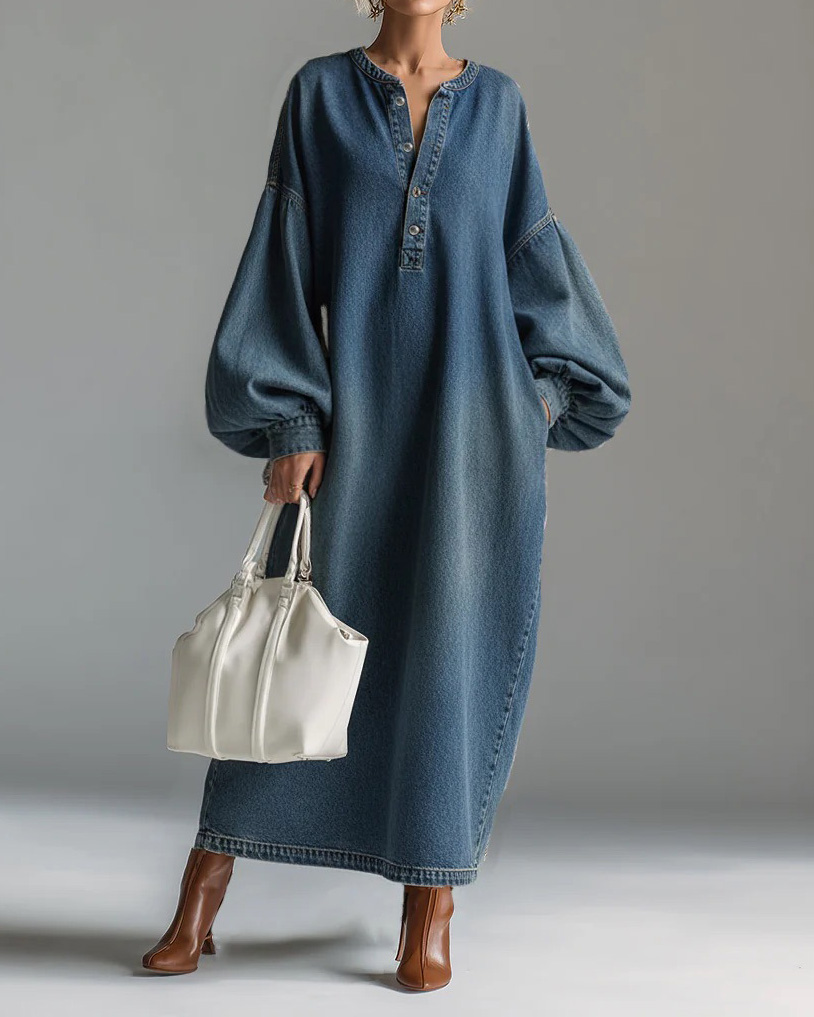 Stand-Up Collar Midi Denim Dress