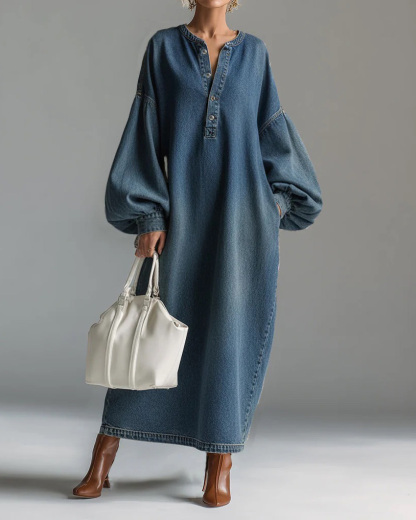 Stand-Up Collar Midi Denim Dress