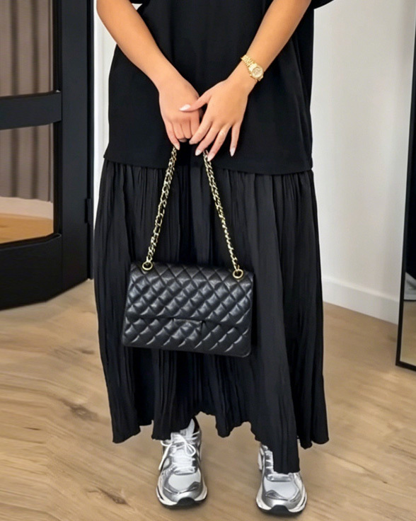 Round Neck Casual Solid Color Patchwork Dress