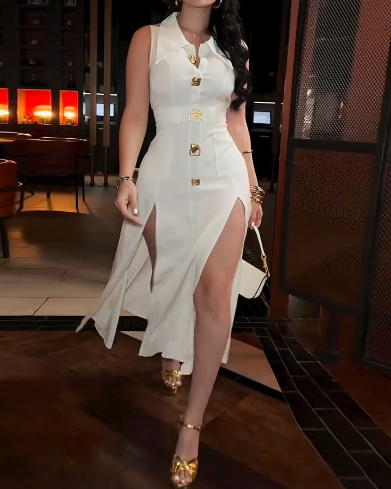 Lapel Slit Casual Solid Color Dress