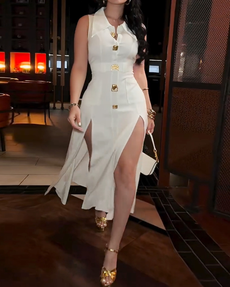 Lapel Slit Casual Solid Color Dress