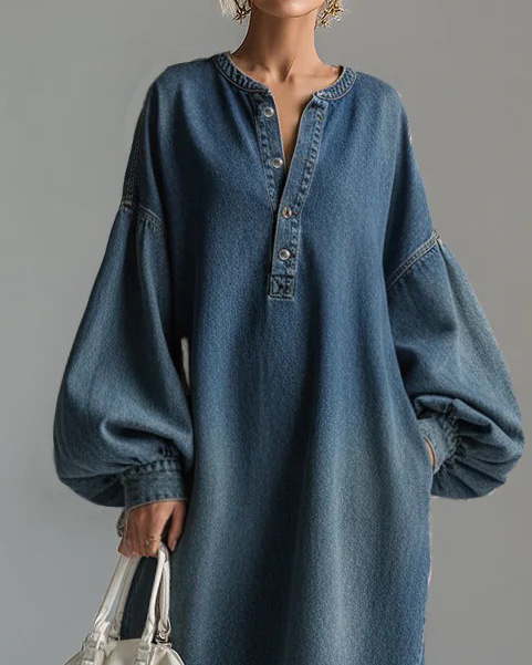 Stand-Up Collar Midi Denim Dress