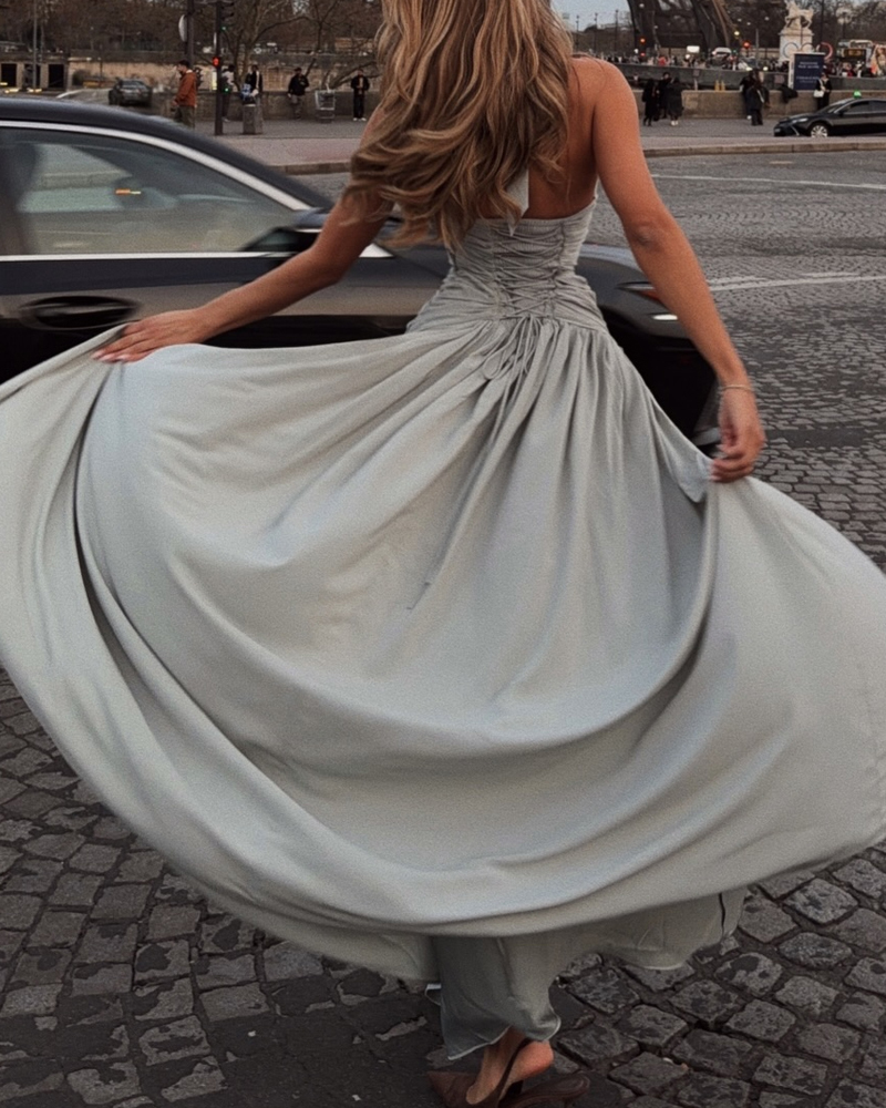 V-Neck Fitted Waist Solid Color Dress