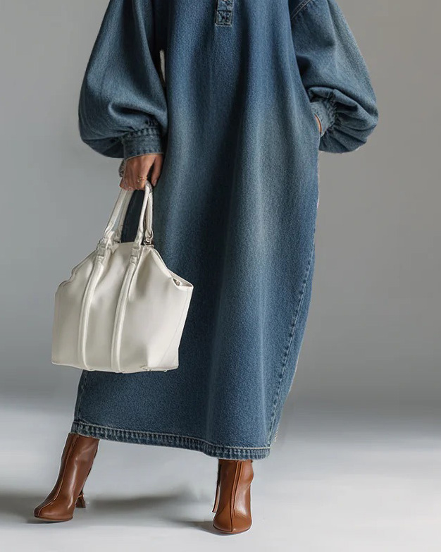 Stand-Up Collar Midi Denim Dress