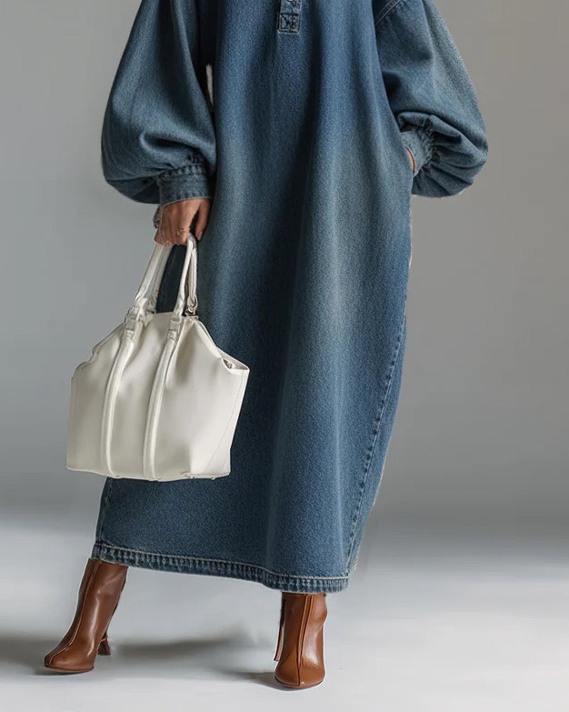 Stand-Up Collar Midi Denim Dress