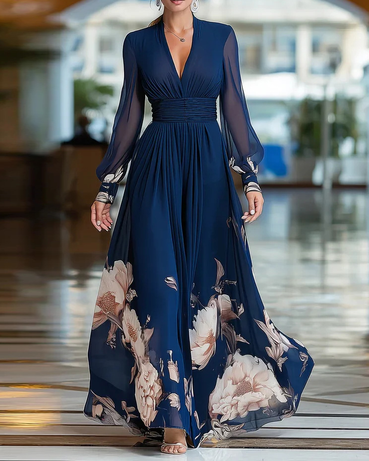 V-Neck Chiffon Printed Dress