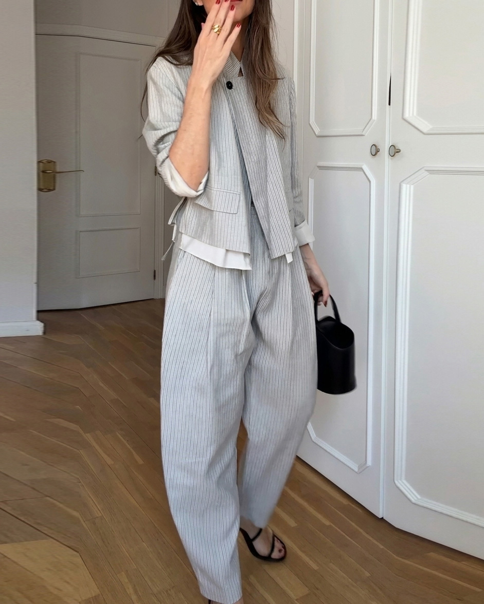 Commuter-Style Striped Casual Two-Piece Set