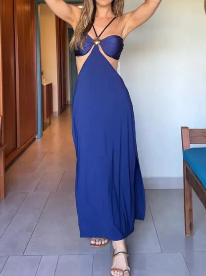 Solid color hollowed-out suspender dress