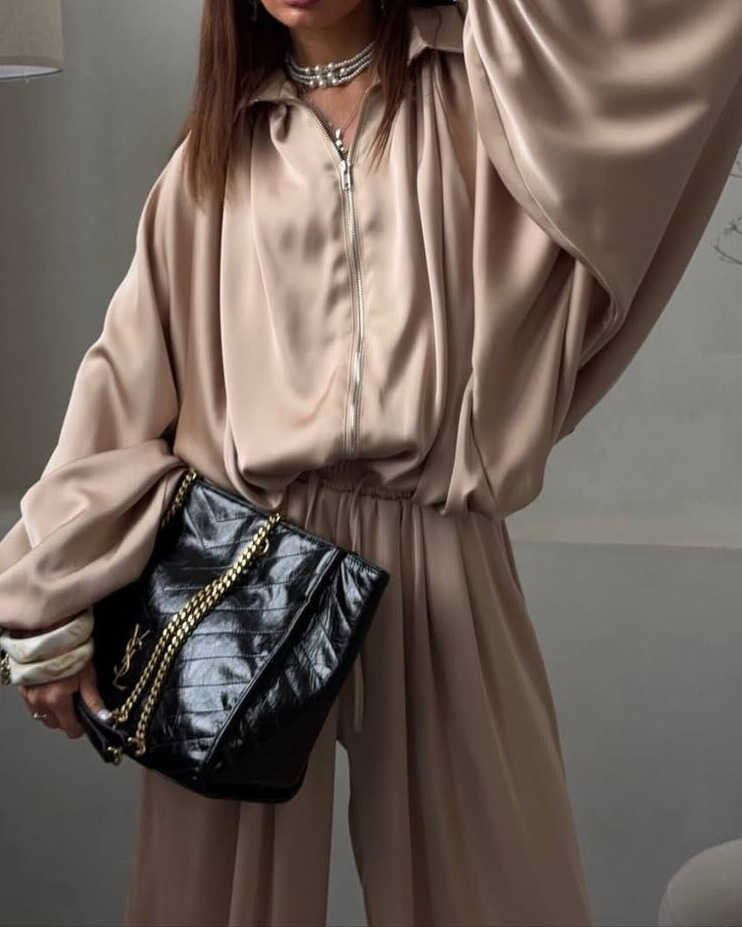Lapel Casual Solid Color Loose Two-Piece Set
