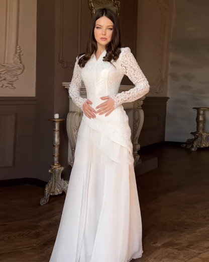 Slimming White Two-Piece Set with Lace Long Sleeves and Cutout Paneling