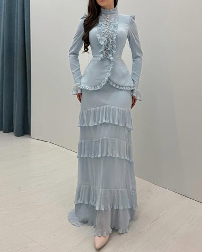 Slimming Two-Piece Set: Long-Sleeve Top with Ruffle Accents and Cinched Waist