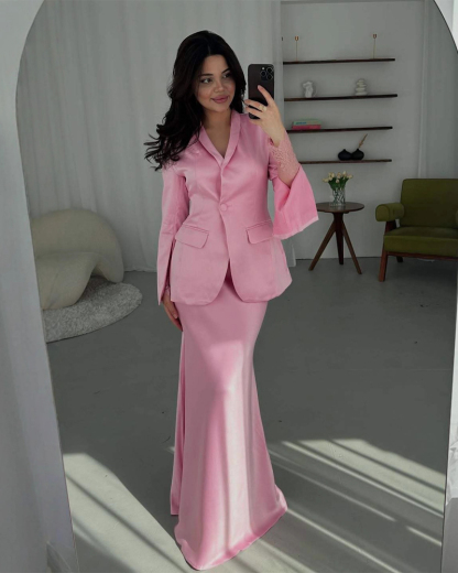 Elegant Two-Piece Set: Slim-Fit Solid-Color Blazer and Satin Maxi Skirt