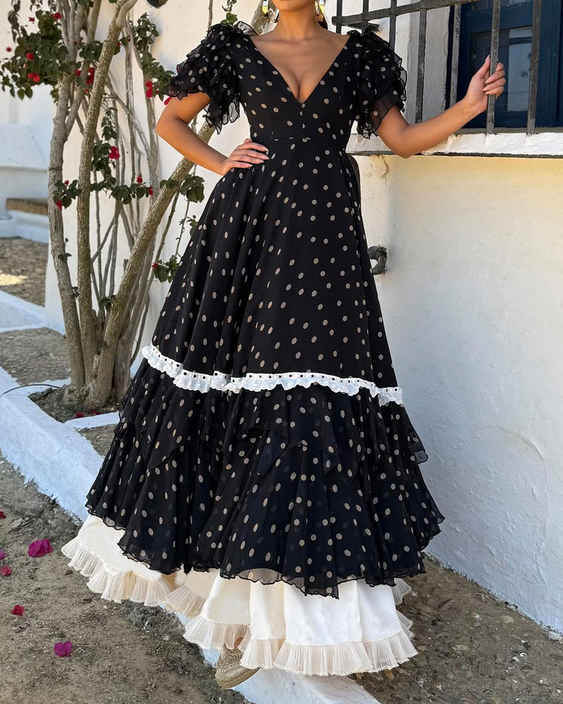 Elegant Layered Polka-Dot Print Dress