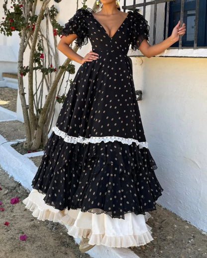 Elegant Layered Polka-Dot Print Dress