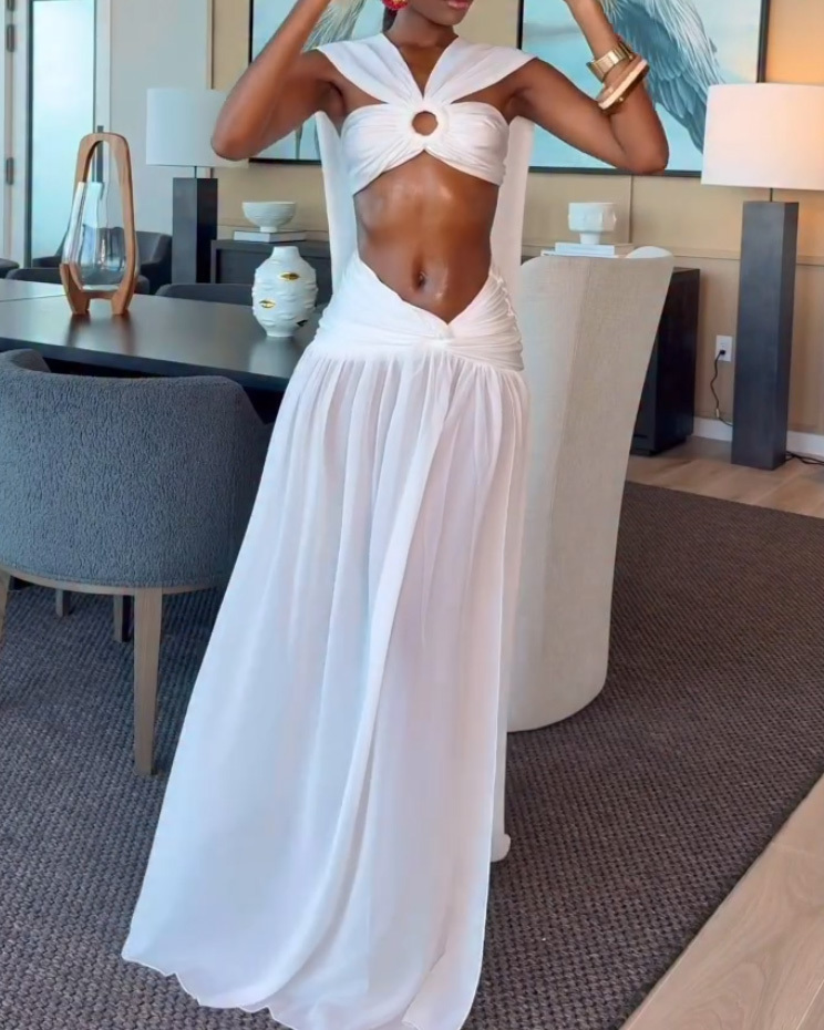 Vacation-Style Solid-Color Two-Piece Set with Slits and Tie Details