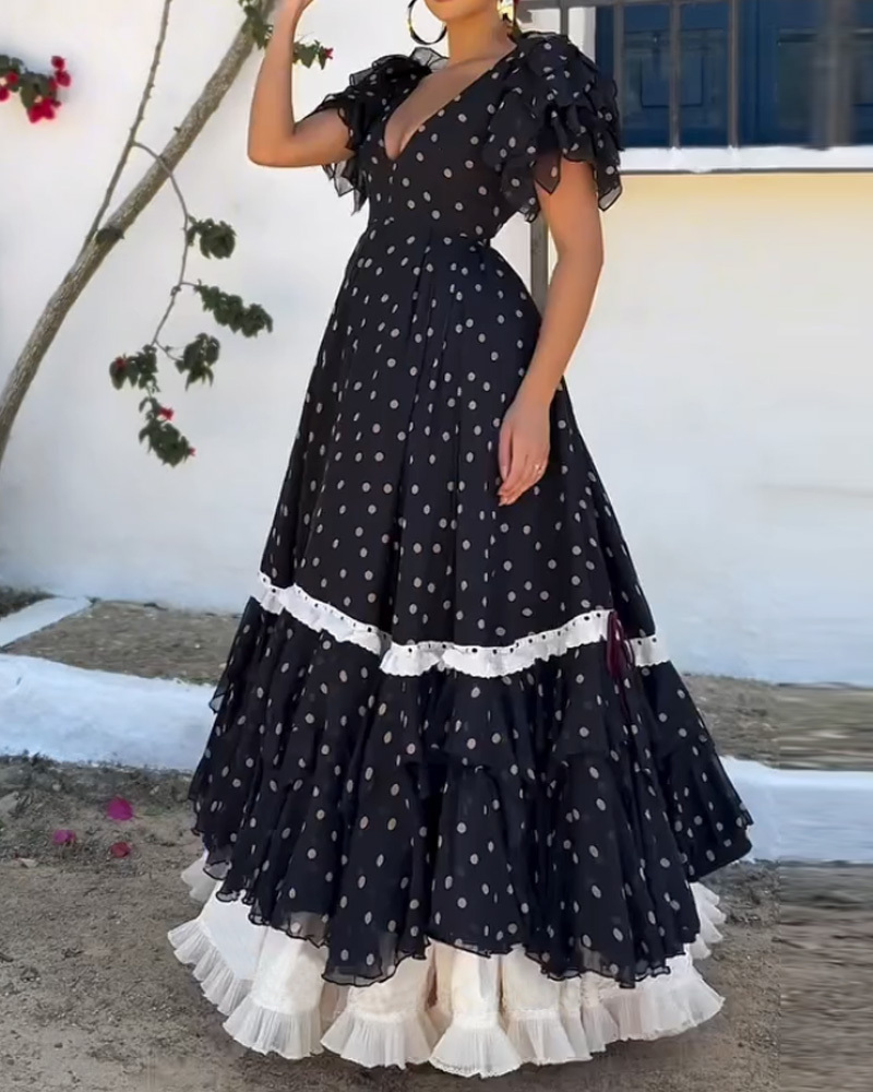 Elegant Layered Polka-Dot Print Dress