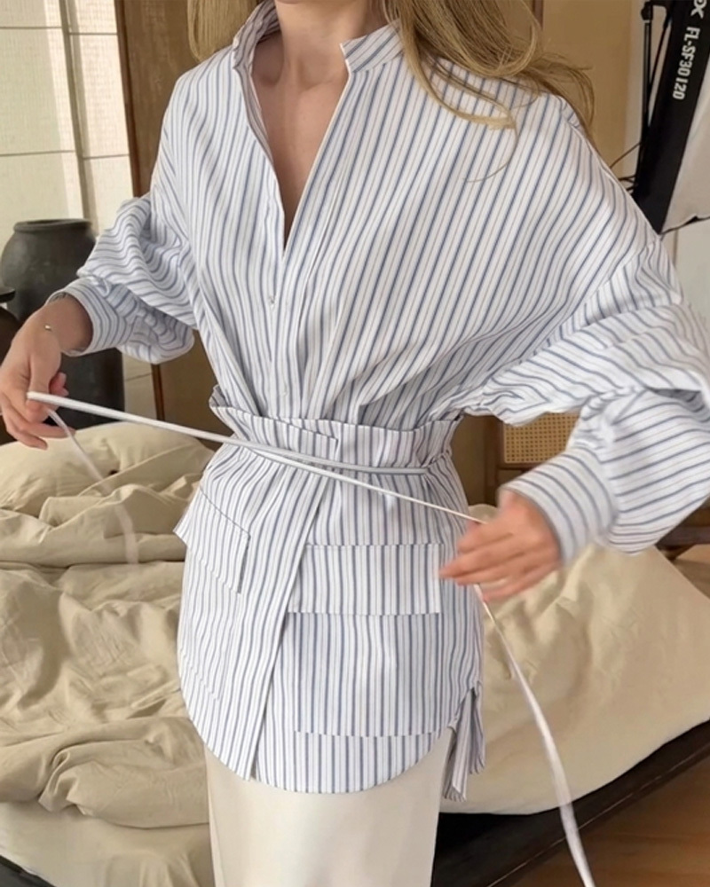 Striped Collared Shirt With Detachable Ruffled Tie